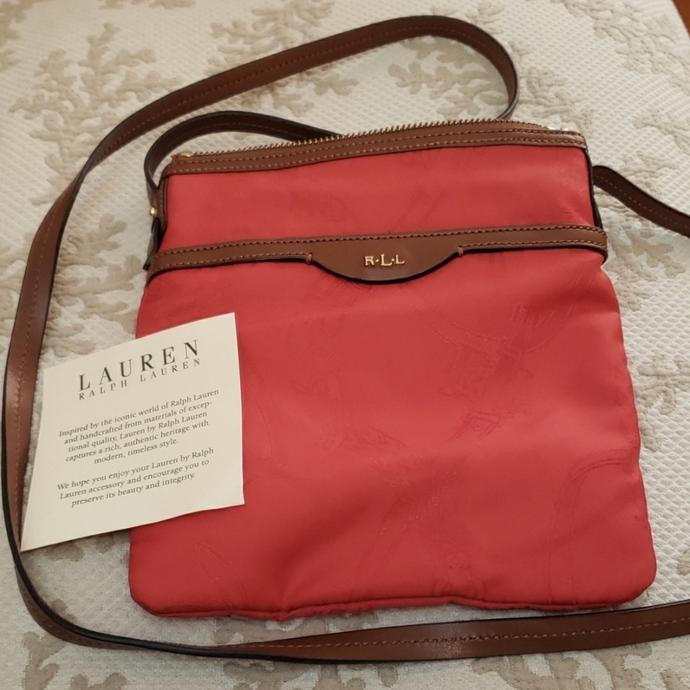 Lauren Ralph Lauren RLL Logo Red Nylon & Brown Leather Crossbody Shoulder Bag